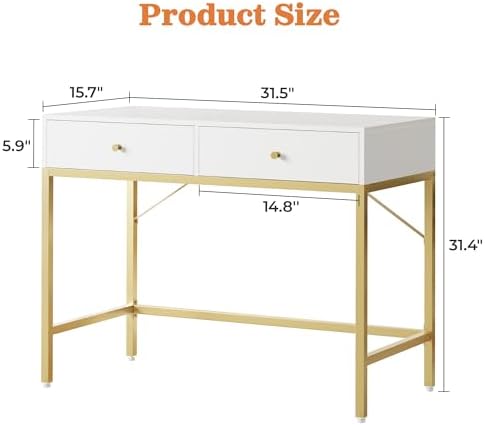 SUPERJARE 31.5" White and Gold Desk with 2 Drawers, Modern Vanity Desk - Image 7