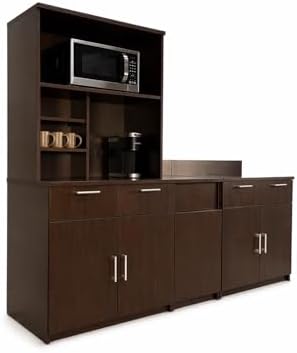 BREAKtime Breakroom Cabinet with 4-Door Storage, Trash Bin Compartment & Upper Hutch, Microwave Space, Fully Assembled, 90" W x 24" D x 75" H, Trash Bin Included, Appliances Not Included, Espresso - Image 6