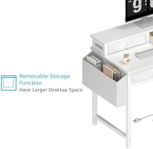 Lufeiya Small White Kids Desk with Fabric Drawers for Bedroom, 32 inch Vanity Makeup Desk with Drawers Storage for Home Office, Writing Study Table with Power Outlet & Monitor Stand, White - Image 7