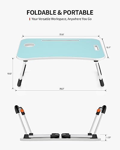 FISYOD Foldable Laptop Table, Portable Lap Desk Bed Table Tray, Laptop Stand with Cup Holder & Tablet Slot & Lifting Handle for Working Writing Drawing & Eating (Blue) - Image 6