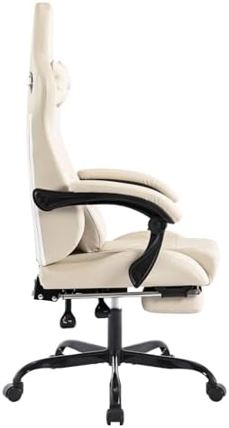 Gaming Chair with Footrest Ergonomic Computer Chair Massage Lumbar Cushion, Racing Video Game Chair Adjustable Rocker Recliner Executive Office Desk Chair Pu Leather for Adults, Beige - Image 6