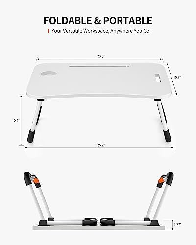 FISYOD Foldable Laptop Table, Portable Lap Desk Bed Table Tray, Laptop Stand with Cup Holder & Tablet Slot & Lifting Handle for Working Writing Drawing & Eating (White) - Image 6