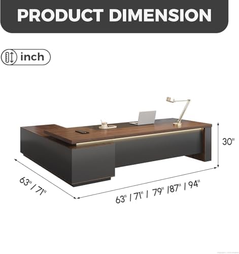 Compact Reversible L Shaped Executive Desk for Manager, Home Office Desk with Power Outlet & USB Ports, LED Ambient Lighting, Storage Cabinet (Red Walnut/Graphite Gray, 63" L*63" W*30" H) - Image 7