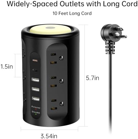 Power Strip with Night Light, Extension Cord with Multiple Outlets (12AC+3A+2C), 10 FT Desk Power Strip Tower Charging Station for Home, Office, College Dorm Essentials - Image 7