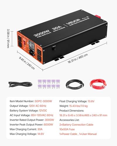 VEVOR 3000W Sump Pump Battery Backup System, LCD Display, Auto Switches to Battery Inverter Power for Sump Pump, Pure Sine Wave, for Basement Protection Emergency and Power Outage, Battery Not Include - Image 7