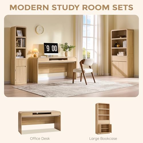 63" Modern Computer Desk with 2 Drawers, Wood Curved (Natural) - Image 6