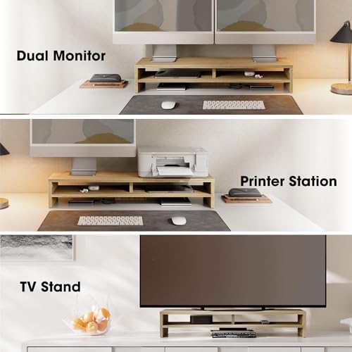 Fenge 31.5 Inch Dual Monitor Stand Riser for Desk, Oak - Image 6