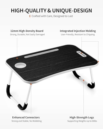 FISYOD Foldable Laptop Table, Portable Lap Desk Bed Table Tray, Laptop Stand with Cup Holder & Tablet Slot & Lifting Handle for Working Writing Drawing & Eating (Black Grain) - Image 6