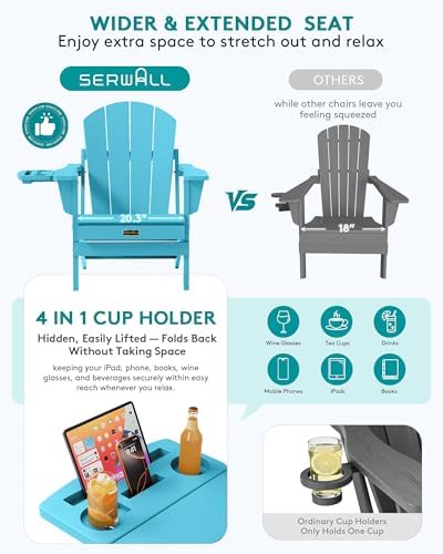 SERWALL Folding Adirondack Chair with Cup Holder, Outdoor Patio Chair, Light Blue - Image 6