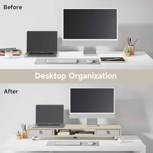 Fenge Dual Monitor Stand, 2-Tier Desk Organizer with Drawers, 42.5in, Oak - Image 6