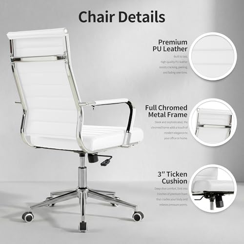 Okeysen White Office Desk Chair, Ergonomic Leather Modern Conference Room Chairs, Executive Ribbed Height Adjustable Swivel Rolling Chair for Home Office. - Image 6