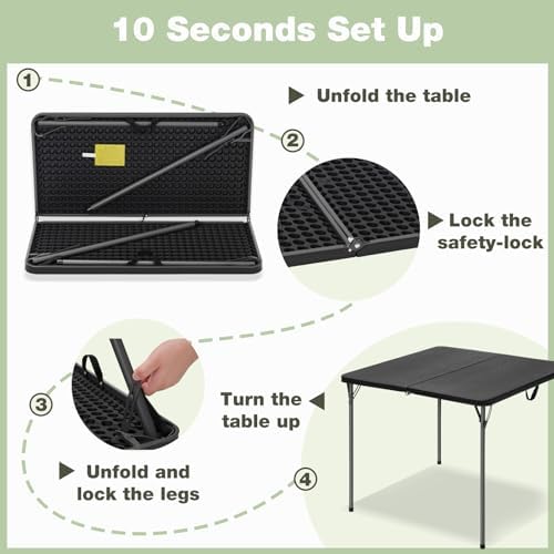 34" Square Folding Table for 4 Person, 330lbs Weight Capacity Foldable Table with HDPE Tabletop & Heavy-Duty Steel Legs, Large Portable Picnic Table for Indoor Outdoor Parties, Camping, Black, 2 Pack - Image 6