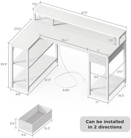 SUPERJARE 47 inch Reversible L Shaped Desk with LED Lights & Power Outlets, Computer Desk with Shelves & Monitor Stand, Gaming Desk with Drawer, Home Office Desk Corner Desk, PU White Drawer - Image 7