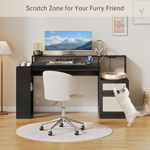 Farmhouse Computer Desk with Drawers and Power Outlets, 60” Home Office Desk with Adjustable File Drawer, Cat Scratching Pad, Printer Stand, Shelves & Monitor Riser, Black - Image 6