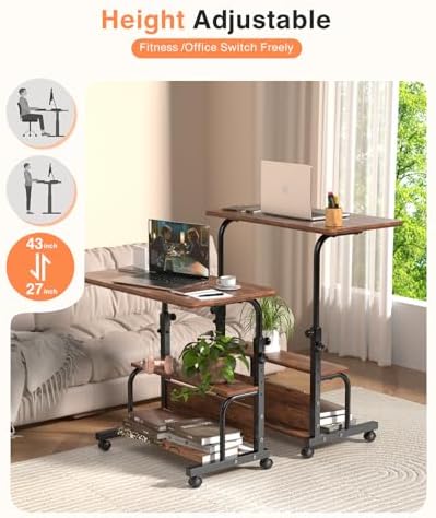 QZMDSM Portable Rolling Desk on Wheels Adjustable Height Desks for Small Spaces, 32" Computer Desk Drafting Tables with Storage Shelves for Home Office Rustic - Image 6