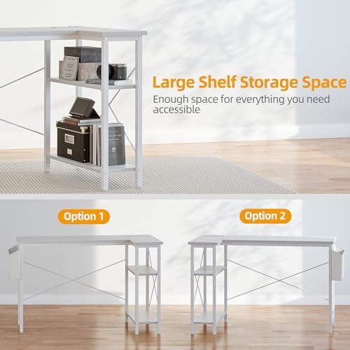 TIQLAB Small Computer Desk with Power Outlets, 40 Inch L Shaped Desk with Reversible Shelves, Gaming Desk Corner Desk Study Writing Desk for Home Office Bedroom Small Space, White - Image 6