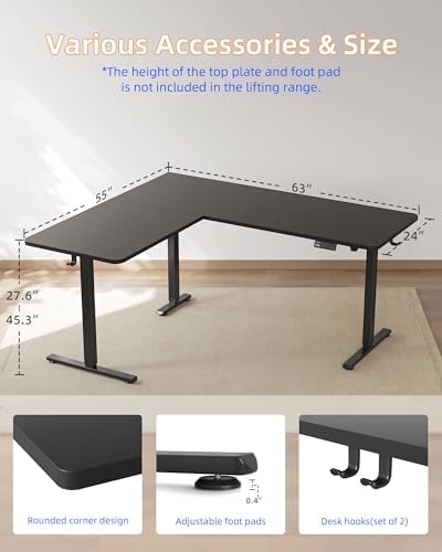 YIHAYO L Shaped Standing Desk Adjustable Height, 63 x 55 Inches Electric Corner Standing Desk, Black - Image 6
