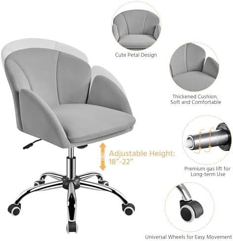 Yaheetech Light Gray Petal Velvet Makeup Vanity Desk Chair, Swivel Wheels - Image 6