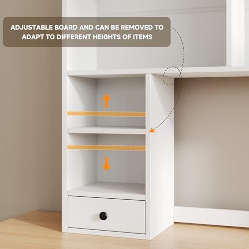 knoworld Desktop Bookshelf for 27" Monitor, Space-Saving Engineered Wood Desk Hutch Organizer with Adjustable Shelves & Drawer, Clutter-Free Tabletop Bookcase for Dorm & Home Office, White - Image 6