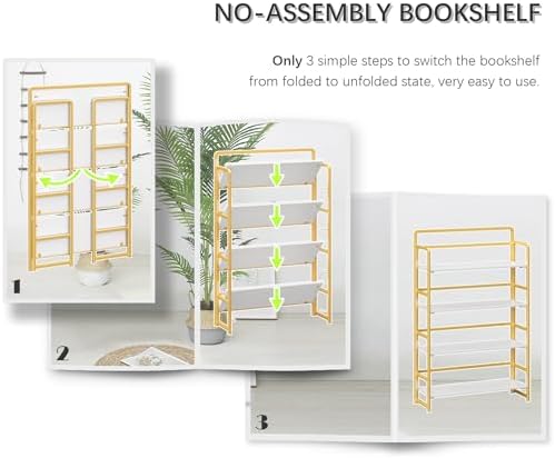 4NM No Assembly Extra Wide 4 Tier Folding Bookshelf Storage Shelves Vintage Bookcase Standing Racks Study Organizer Home Office - Image 6