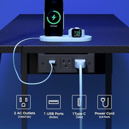 MAHANCRIS Gaming Desk, Computer Desk with Charging Station and LED Light, Small PC Desk with Side Storage Bag and Shelves, 2 Hooks, for Living Room, Home Office, Bedroom Black CDHS134E01 - Image 6