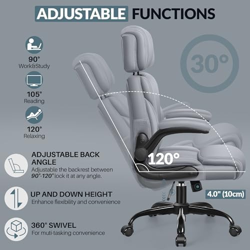Office Chair, Ergonomic Big and Tall Computer Desk Chair with Retractable Adjustable Headrest, Executive Breathable Leather Chair, Lumbar Support Swivel Flip-up Armrests Rocking Function,Matte Gray - Image 6