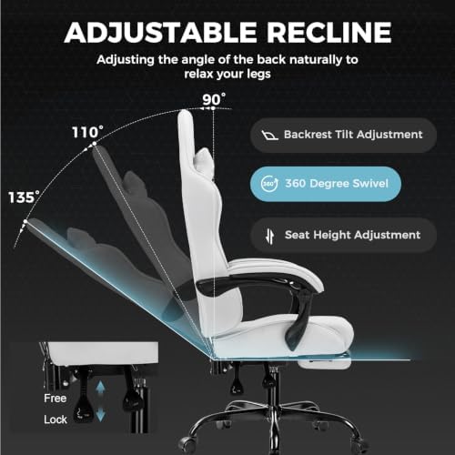 GTPLAYER Gaming Chair, Computer Chair with Footrest and Lumbar Support, Height Adjustable Game Chair with 360°-Swivel Seat and Headrest and for Office or Gaming (All Light Gray-Fabric) - Image 7