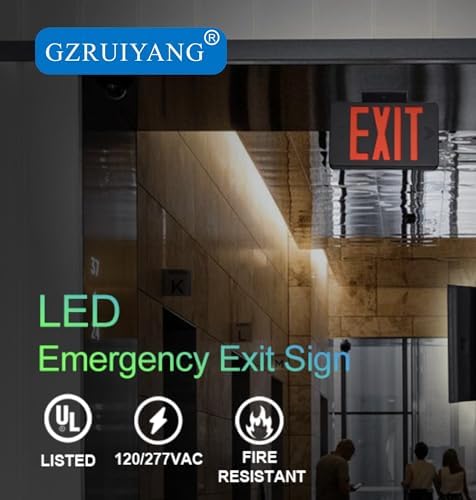 GZRUIYANG Red Exit Sign with Black Housing, LED Emergency Exit Light with Battery Backup, UL Listed, AC 120/277V, Exit Signs with Emergency Lights, Commercial Emergency Lights for Business - 1 Pack - Image 6