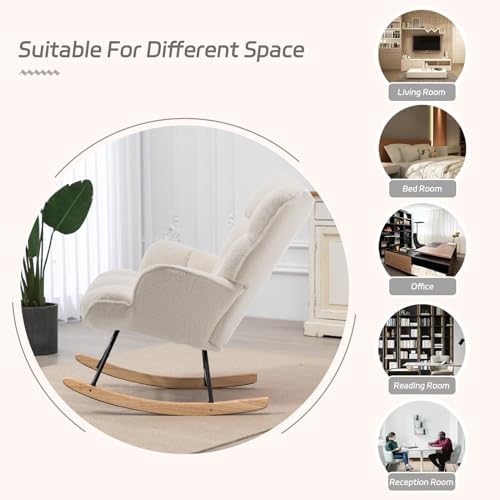 SAETSFEG Rocking Chair Nursery Teddy Upholstered Glider Rocker Rocking Accent Chair Padded Seat with High Backrest Armchair Comfy Side Chair for Living Room Bedroom Offices (Ivory Teddy) - Image 6