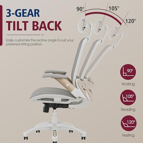 GABRYLLY Ergonomic Office Chair, High Back Home Desk Chair with 2D Flip-Up Arms, 3D Headrest, 90-120° Tilt and Wide Cushion, Big and Tall Mesh Chairs for Man Woman, White Computer Task Chair - Image 6