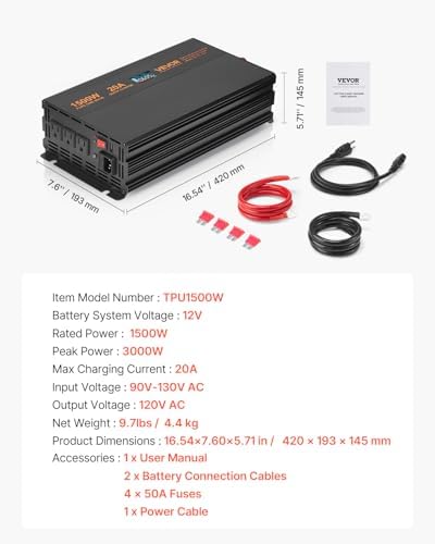 VEVOR Sump Pump Battery Backup System, 1500W, Auto Switches to Battery Inverter for Continuous Sump Pump Operation, Pure Sine Wave, LCD Display, for Basement Protection Emergency and Power Outage - Image 7