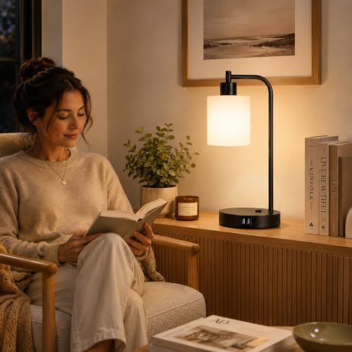 Set of 2 Industrial Touch Control Table Lamps with 2 USB Ports and AC Outlet - 3-Way Dimmable Black Bedside Lamp Nightstand Desk Lamps for Bedroom Living Room, Opal Glass Shade & 2 LED Bulbs Included - Image 7