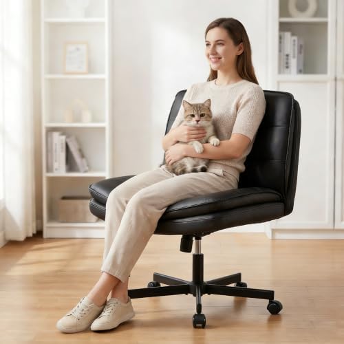 GTPLAYER Cross Legged Office Chair, Armless Desk Chair Cute Vanity Chair with Wheels Computer Chair Comfy Wide Office Chair Adjustable Swivel for Home Computer Task,Pu Leather, Black - Image 6