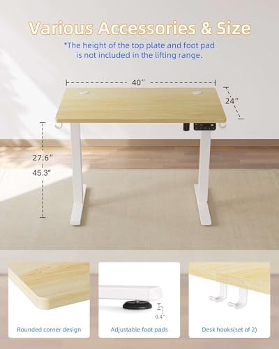 YIHAYO Electric Standing Desk, 40 x 24 Inches Stand Up Desk with Splice Board, Adjustable Height Desk, Computer Desk for Home Office, White Frame/Natural Top - Image 6