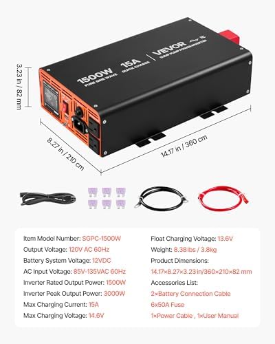 VEVOR 1500W Sump Pump Battery Backup System, LCD Display, Auto Switches to Battery Inverter Power for Sump Pump, Pure Sine Wave, for Basement Protection Emergency and Power Outage, Battery Not Include - Image 7