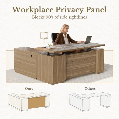 70 Inch Executive Standing Desk with File Cabinet, L Shaped Electric Height Adjustable Desk with AC/USB and Privacy Panel, Computer Corner Table for Home Office, Natural Oak - Image 6