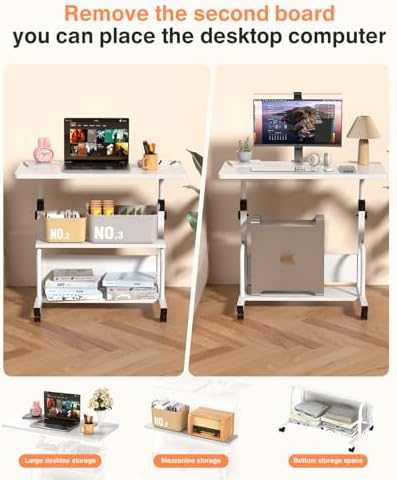QZMDSM Portable Desk with Wheels Small Standing Desk on Wheels Adjustable Height Rolling Desks for Small Spaces, 32" Computer Desks with Storage Shelves for Home Office Study White - Image 6