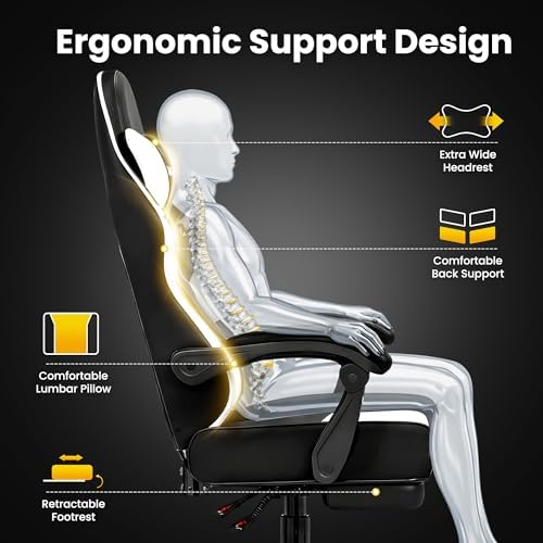 Gaming Chair Gamer Game Ergonomic with Footstool Lumbar Support Deep Black - Image 6