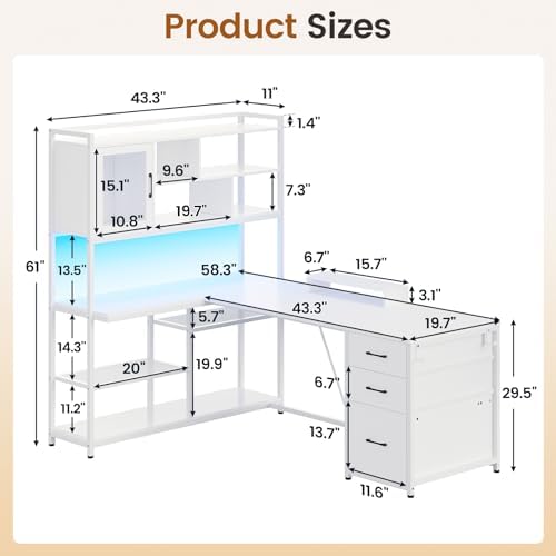 SEDETA 58'' L Shaped Computer Office Desk with 3 Drawers and Bookshelf - Image 6