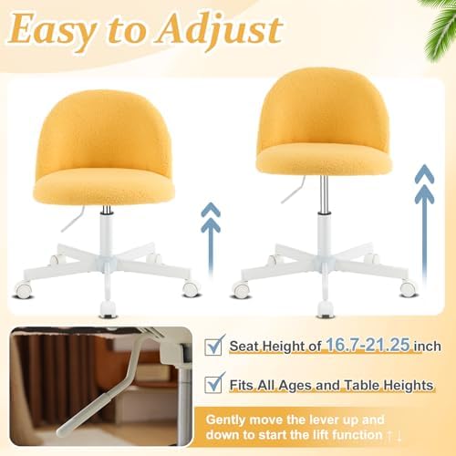 VINGLI Candy Chair Armless Cute Desk Chair,Comfy Small Office Chair with Wheels,Vanity Chair Lumbar Support,Teddy Adjustable Rolling Swivel Computer Task Chair for Home Office,Bedroom,Sunny Egg Yellow - Image 6