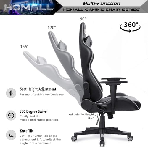 Homall Gaming Chair, Office Chair High Back Computer Chair Leather Desk Chair Racing Executive Ergonomic Adjustable Swivel Task Chair with Headrest and Lumbar Support (Grey) - Image 7