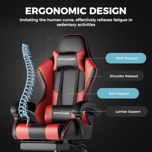 GTPLAYER Gaming Chair, Computer Chair with Footrest and Lumbar Support, Height Adjustable Game Chair with 360°-Swivel Seat and Headrest and for Office or Gaming (Faux Leather, Red) - Image 7