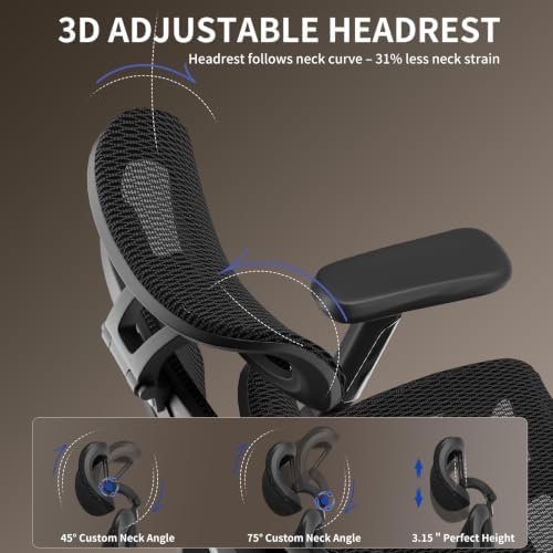 Mesh Office Chair, Ergonomic Office Chair, Home Office Desk Chairs with Headrest, 90-135° Tilt Lock and Breathable Backrest & Lumbar Support, 5D Armrest, Computer Chairs (Large Chair) - Image 7