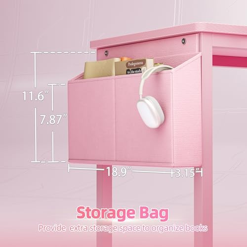 TIQLAB Gaming Desk 40 inch with Power Outlet and LED Light, Computer Desk with Reversible Shelves and Storage Drawer, Small PC Desk for Home Office Table with Bag, Carbon Fiber Pink - Image 7