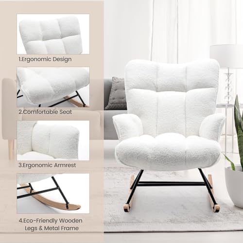 SAETSFEG Rocking Chair Nursery Teddy Upholstered Glider Rocker Rocking Accent Chair Padded Seat with High Backrest Armchair Comfy Side Chair for Living Room Bedroom Offices (White Teddy) - Image 6