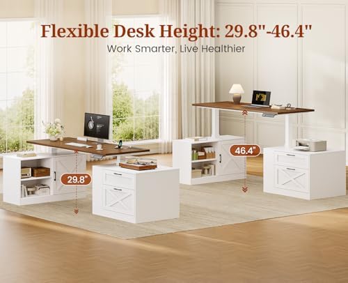 UPOSOJA 71" Farmhouse L Shaped Standing Desk, Electric Height Adjustable Corner Desk with Storage Cabinet & File Drawers, Wood Stand up Computer Desks with Power Outlets for Home Office - Image 6