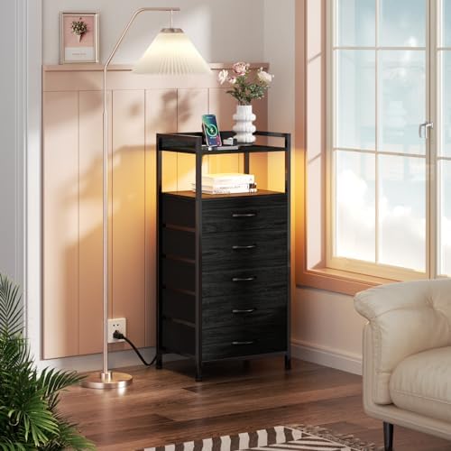 Furnulem Nightstand with Charging Station,LED,5 Drawers Dresser for Bedroom - Image 6