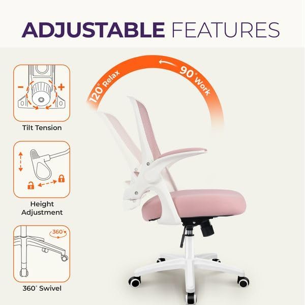 NEO CHAIR Office Desk Chair, Ergonomic Mesh with Flip-Up Armrests, Pink - Image 6