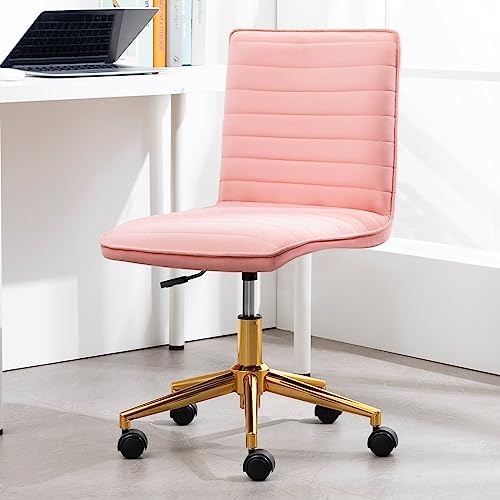 Furniliving Armless Vanity Chair with Wheels, Computer Rolling Desk Chair with Back, Pink Office Chair with Height Adjustable Soft Velvet Fabic Gold Metal Base Stool,Pink - Image 6
