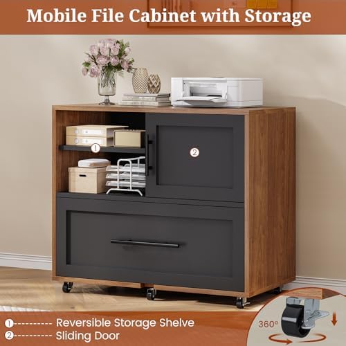 UPOSOJA 63" Executive Desk with Mobile File Cabinet, Large Office Desk with Drawer, Modern L Shaped Desk with Power Outlets, Storage Shelves, Corner Computer Desk Business Workstation Set (Walnut) - Image 6